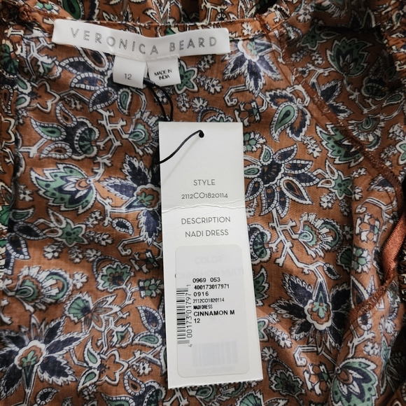 Veronica Beard Size 12 Nadi Mini Dress Puff Sleeve Ruched Cinnamon Multi Brown - Picture 10 of 11